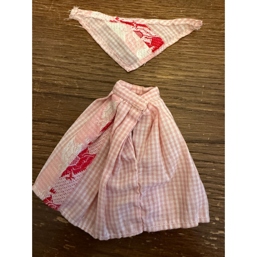 Vintage 1960s Barbie Pink Gingham Skirt & Hair Scarf Set Red Print Detail